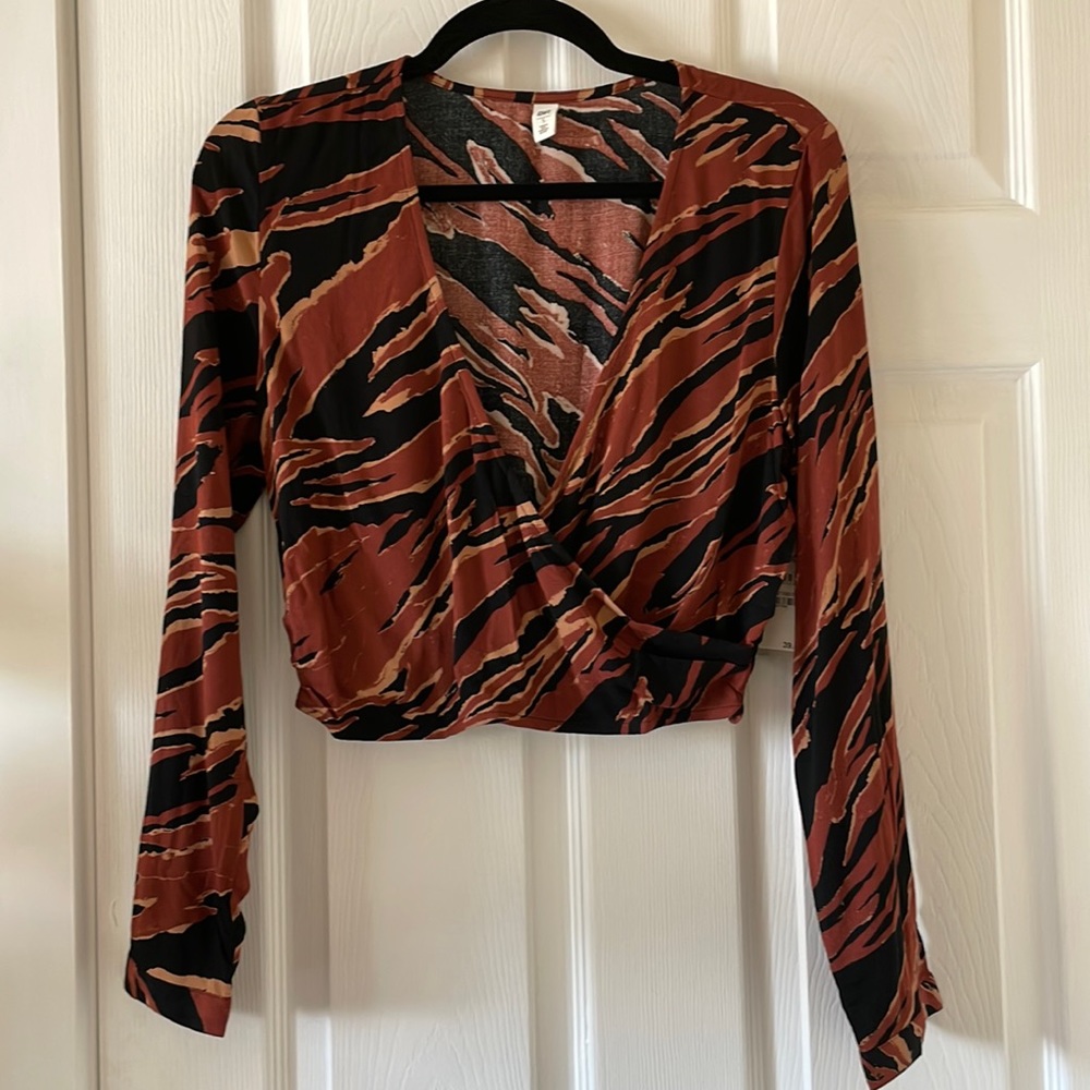 Bp brown burnout tiger stripe faux wrap surplice top blouse rust 1970s